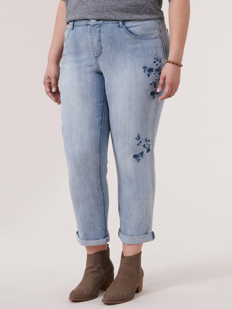 
            
                Load image into Gallery viewer, Light Blue Denim &amp;quot;Ab&amp;quot;solution Floral Embroidery Plus Size Girlfriend Jeans
            
        