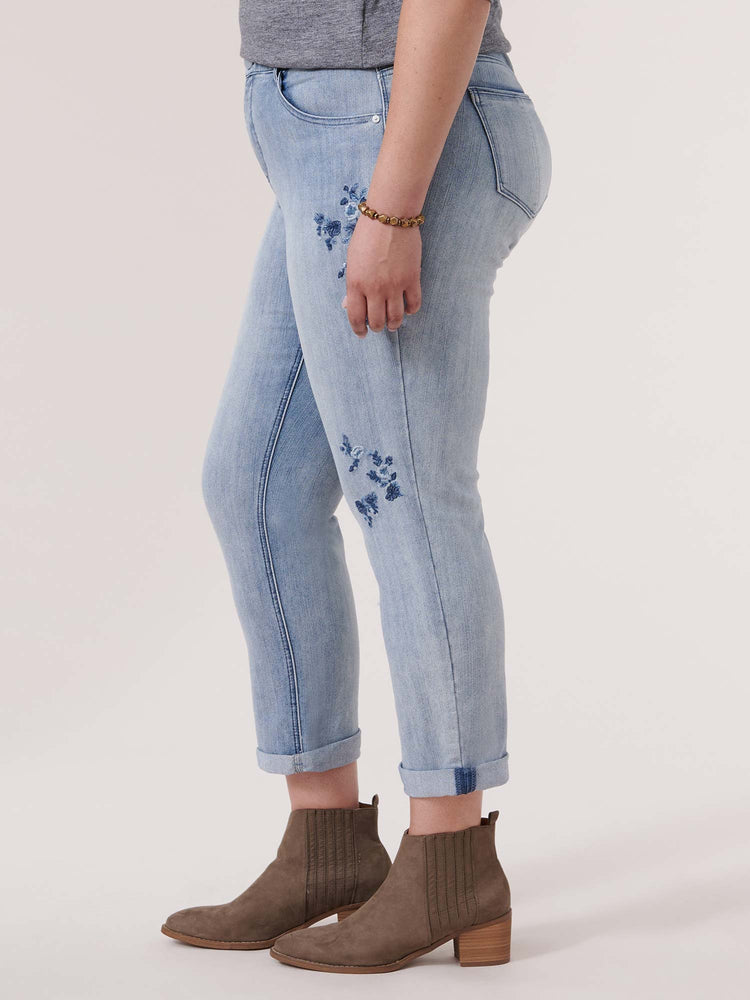 
            
                Load image into Gallery viewer, Light Blue Denim &amp;quot;Ab&amp;quot;solution Floral Embroidery Plus Size Girlfriend Jeans
            
        