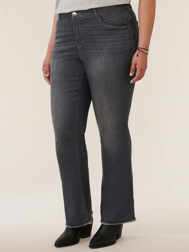 
            
                Load image into Gallery viewer, Grey Denim &amp;quot;Ab&amp;quot;solution High Rise Fray Hem Itty Bitty Boot Plus Size Jean
            
        