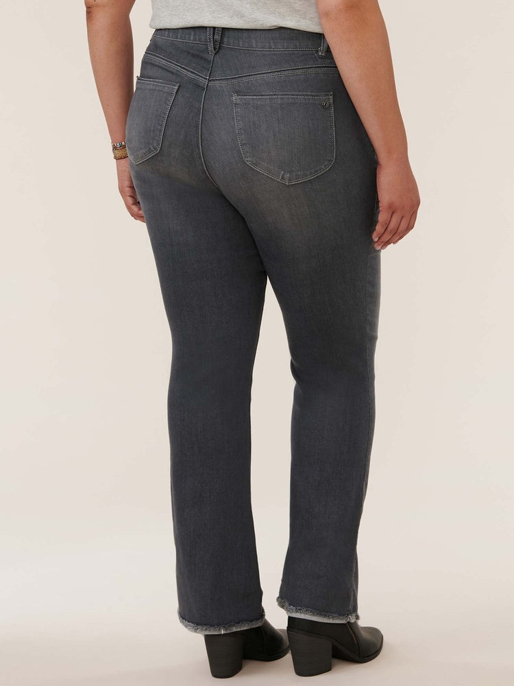 
            
                Load image into Gallery viewer, Grey Denim &amp;quot;Ab&amp;quot;solution High Rise Fray Hem Itty Bitty Boot Plus Size Jean
            
        