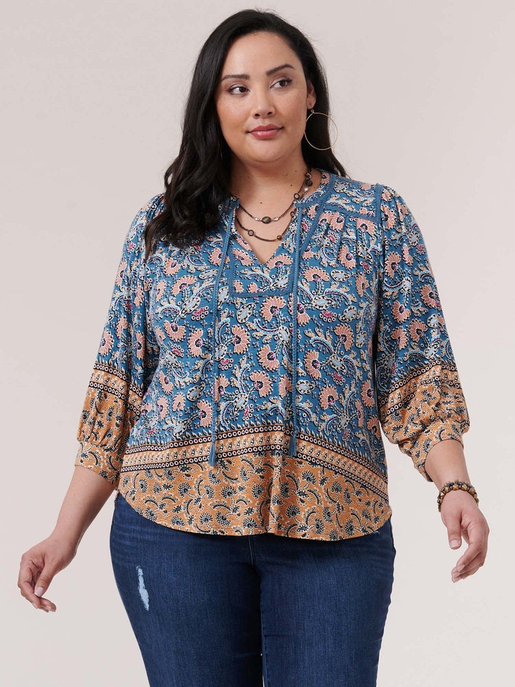 
            
                Load image into Gallery viewer, Mineral Blue Golden 3/4 Sleeve Half Placket Paisley Floral Print Plus Size Knit Top
            
        