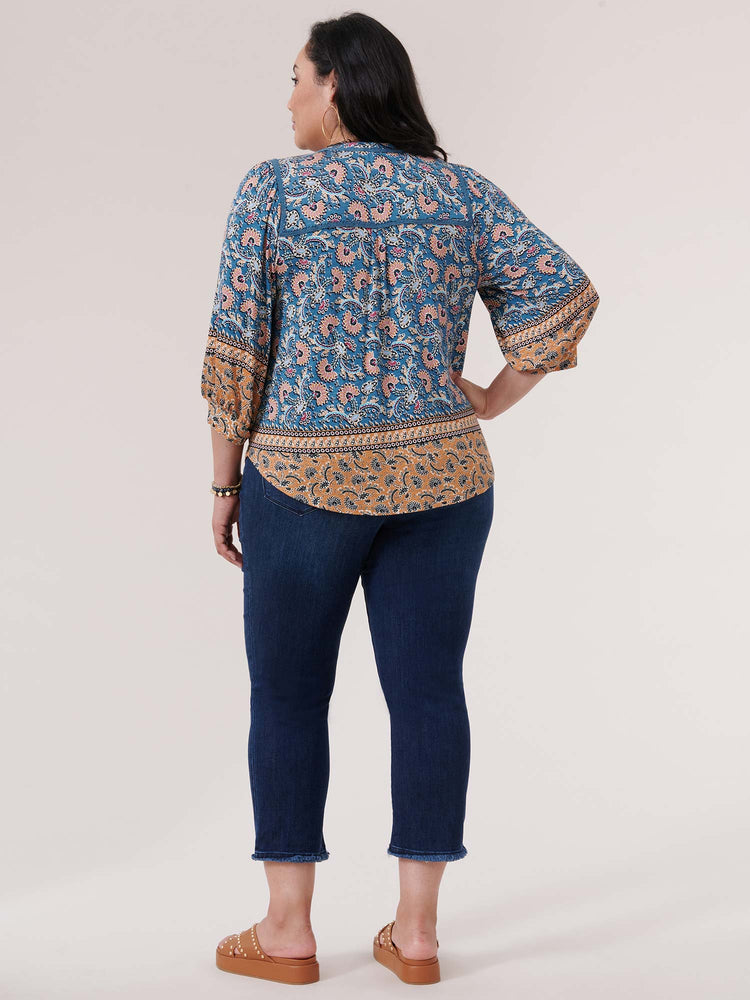 
            
                Load image into Gallery viewer, Mineral Blue Golden 3/4 Sleeve Half Placket Paisley Floral Print Plus Size Knit Top
            
        