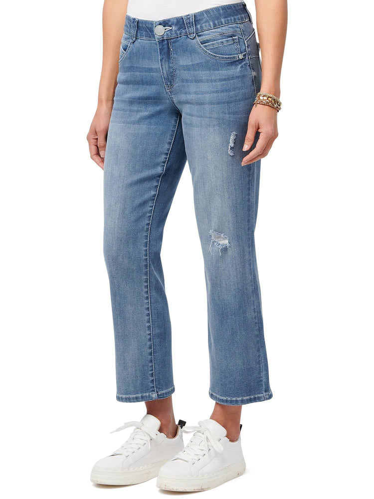 Light Blue Vintage Denim "Ab"solution Distressed Petite Crop Straight Leg Jeans