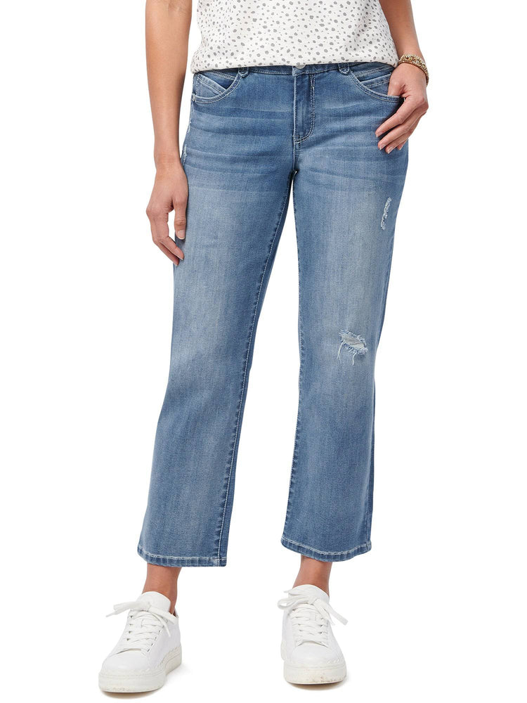Light Blue Vintage Denim "Ab"solution Distressed Petite Crop Straight Leg Jeans
